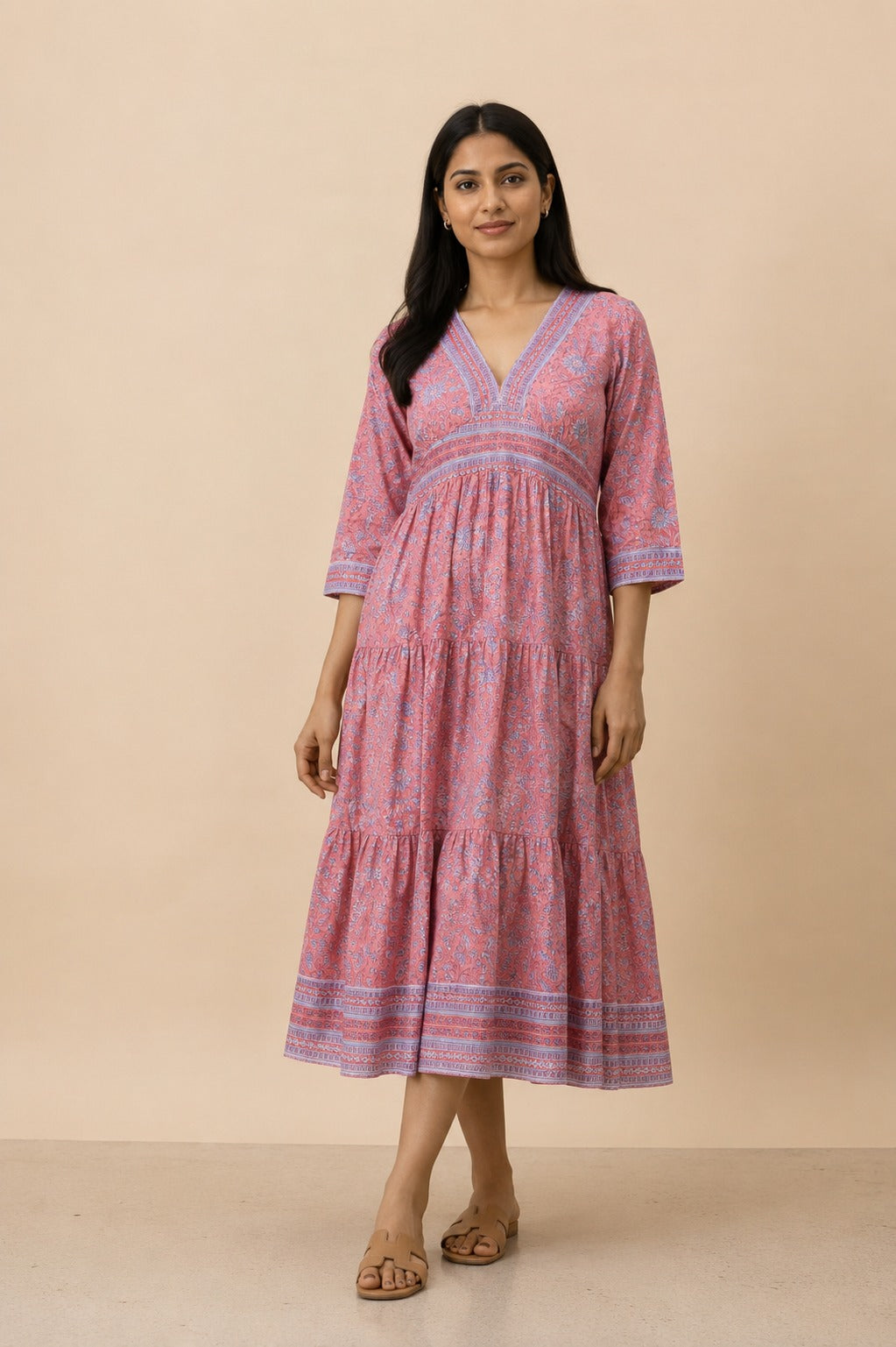 Pink Floral Handblock Printed Cotton Dress