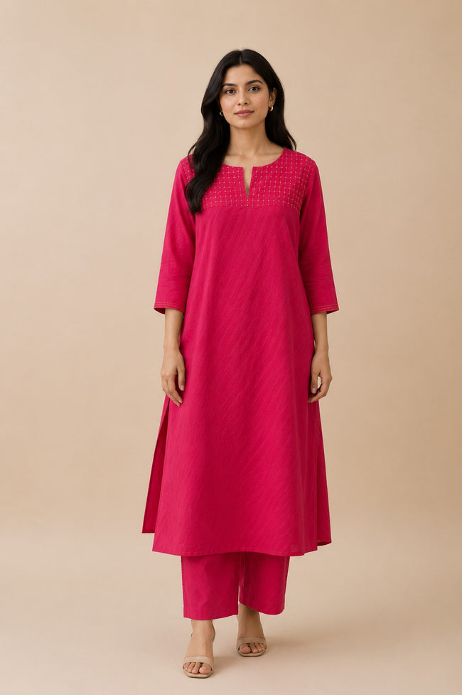 Pink Hand Embroidered Cotton Zari Kurta with Kantha Embroidery