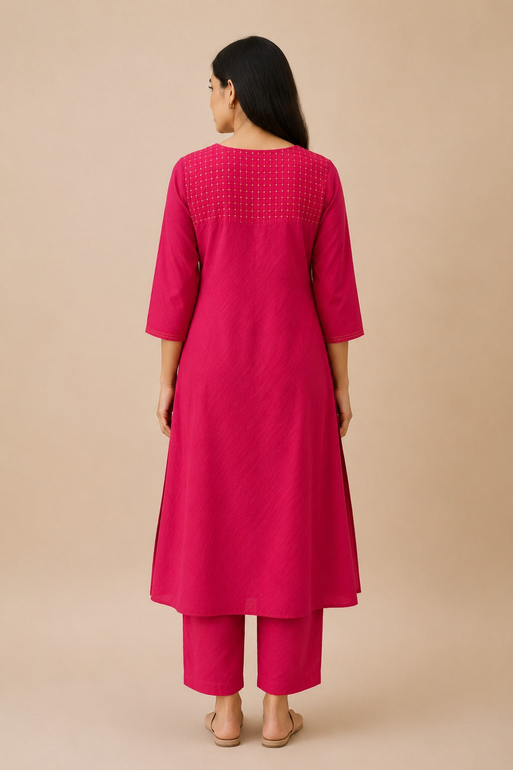 Pink Hand Embroidered Cotton Zari Kurta with Kantha Embroidery