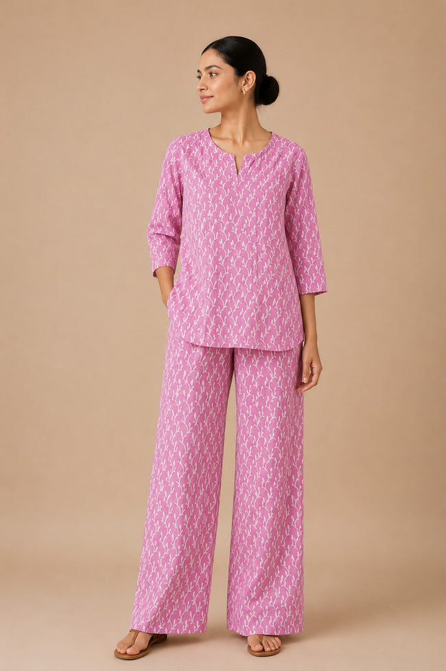 Pink Leaf Handblock Printed Cotton Co-ord Set