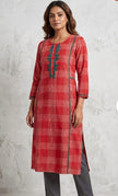 Red Hand Embroidered Cotton Kurta with Teal Green Applique