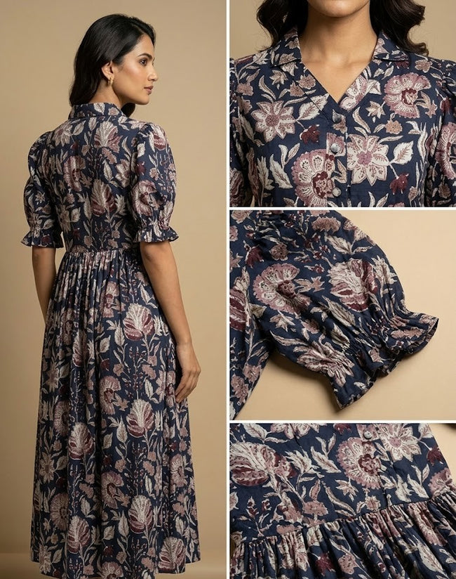 Navy Blue Floral Hand block Printed Cotton Dress