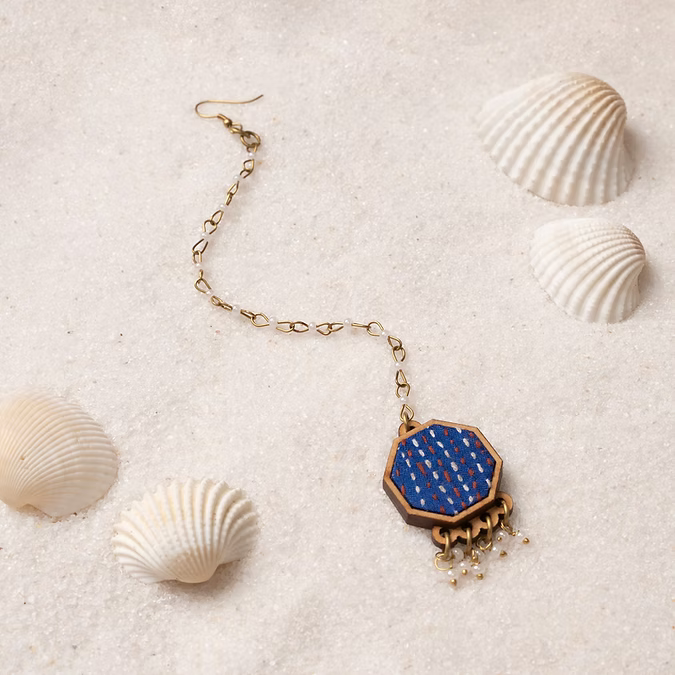 Blue Kantha Repurposed Silk Fabric and Wood Maang Tika