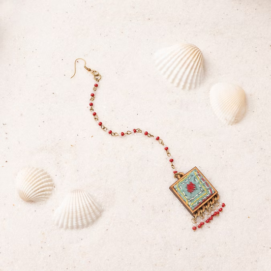 Columbia Blue Repurposed Silk Fabric and Wood Maang Tika