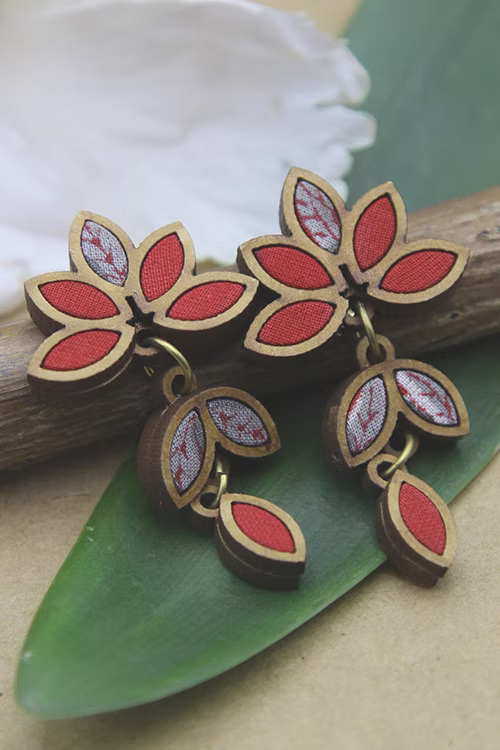 Leaf Motif Repurposed Fabric and Wood Red Earring