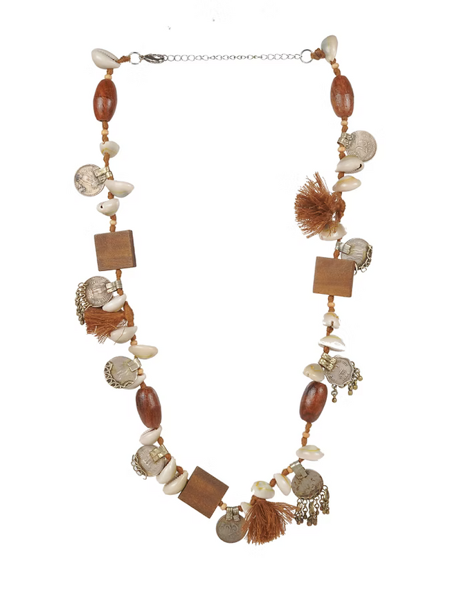 WHE Handmade Tribal Shell Wood And Repurposed Coin Necklace