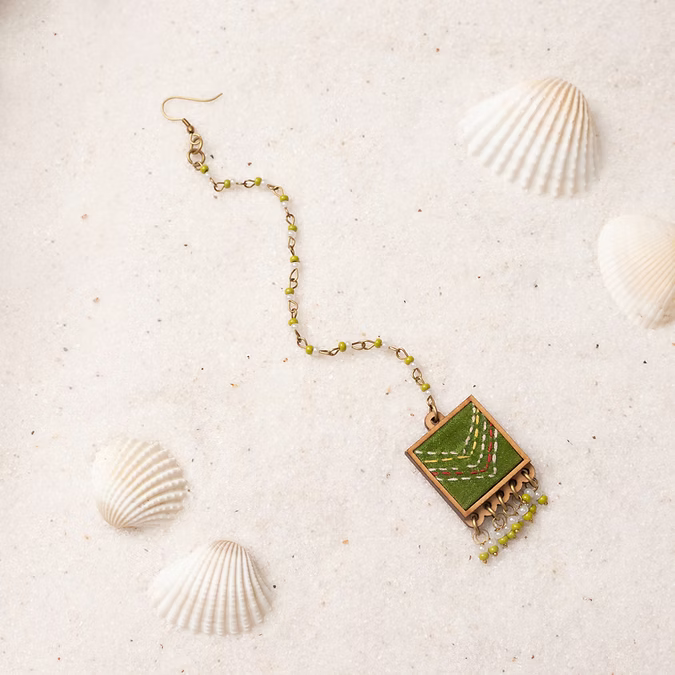 Green Repurposed Silk Fabric and Wood Maang Tika