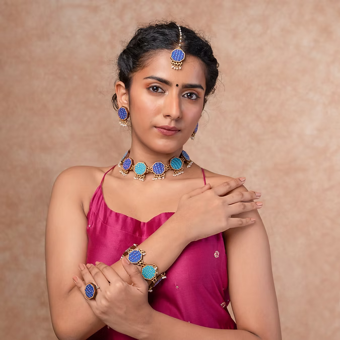 Blue Kantha Repurposed Silk Fabric and Wood Maang Tika