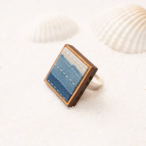 WHE Shades of Indigo Blue Repurposed Fabric and Wood Square Ring