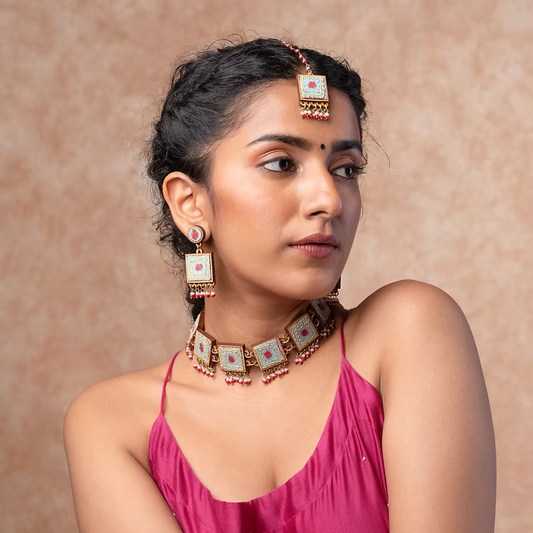 Columbia Blue Repurposed Silk Fabric and Wood Maang Tika