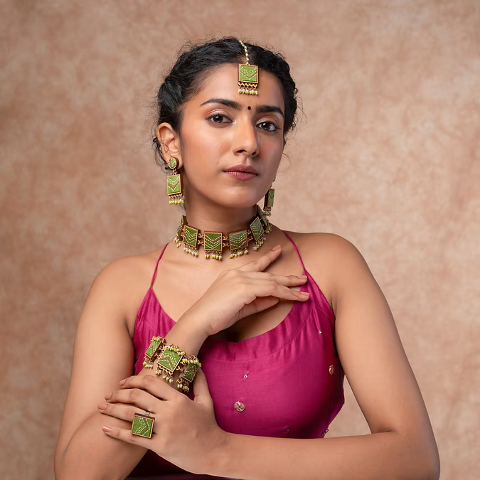 Green Repurposed Silk Fabric and Wood Maang Tika