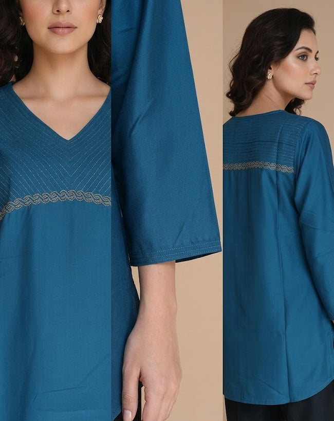 Blue Teal Silk blend Hand Embroidered Top