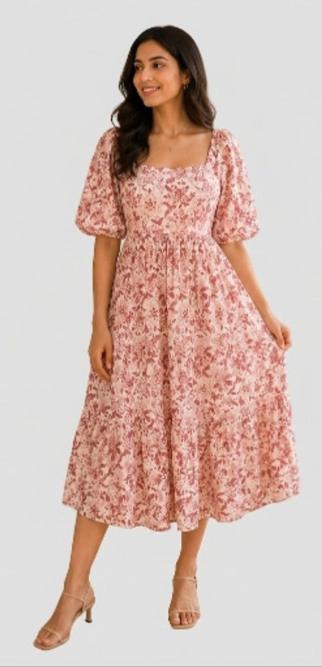 Red Floral Hand block Print Cotton Midi Dress