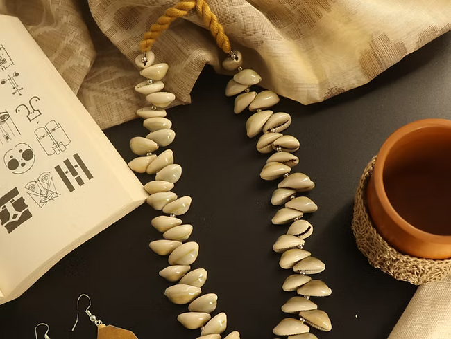Tribevibe Cowry And Repurposed Metal Necklace With Adjustable Thread Braiding