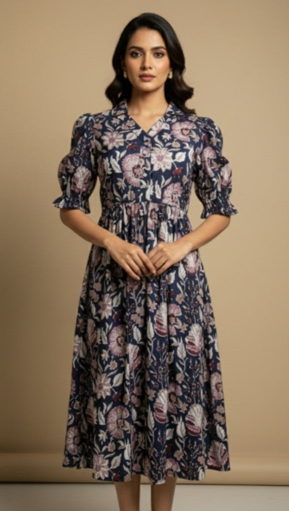 Navy Blue Floral Hand block Printed Cotton Dress