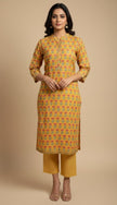 Yellow Hand block Printed Cotton Suit Set with Mandarin Neck