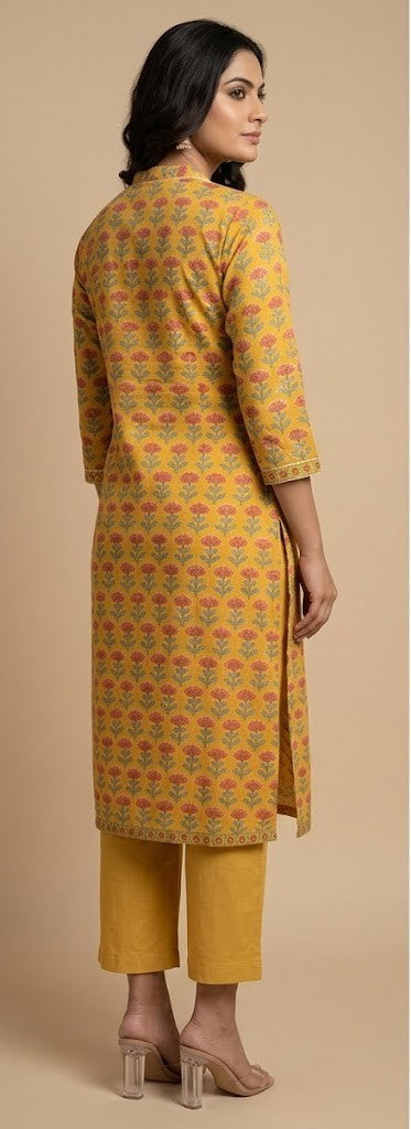 Yellow Hand block Printed Cotton Suit Set with Mandarin Neck