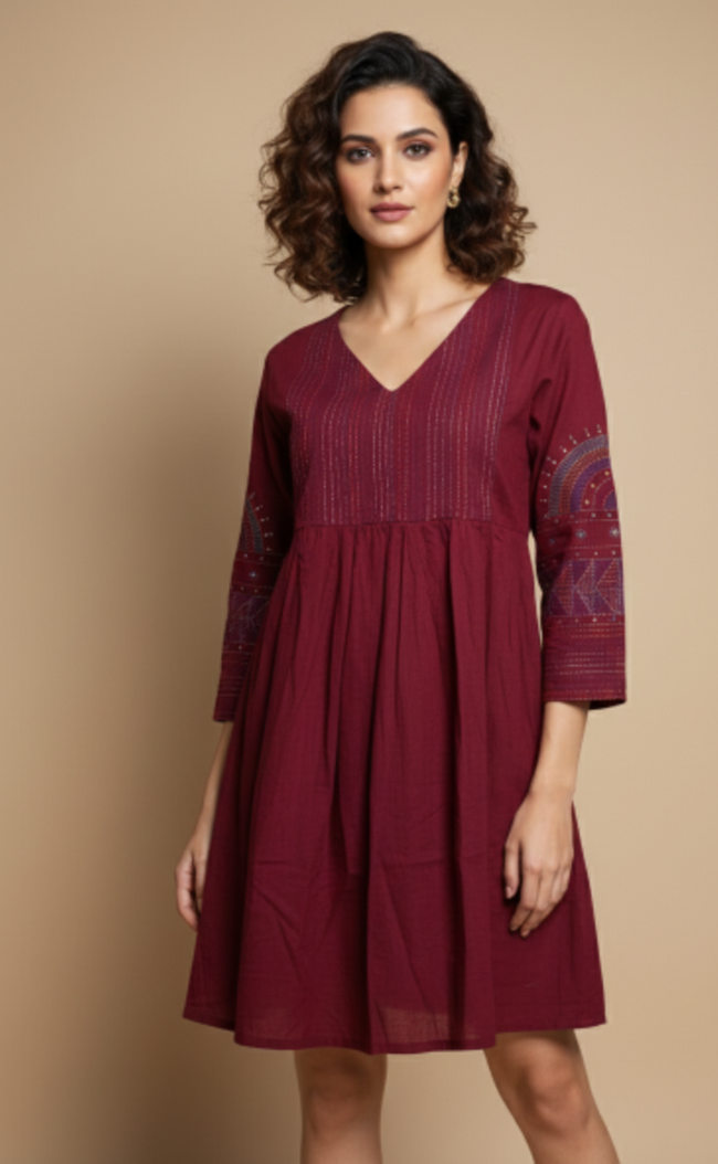 Maroon Hand Embroidered Kurta With Pleats