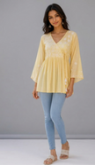 Yellow Floral Chikankari Hand Embroidered Mul Cotton Angrakha Top