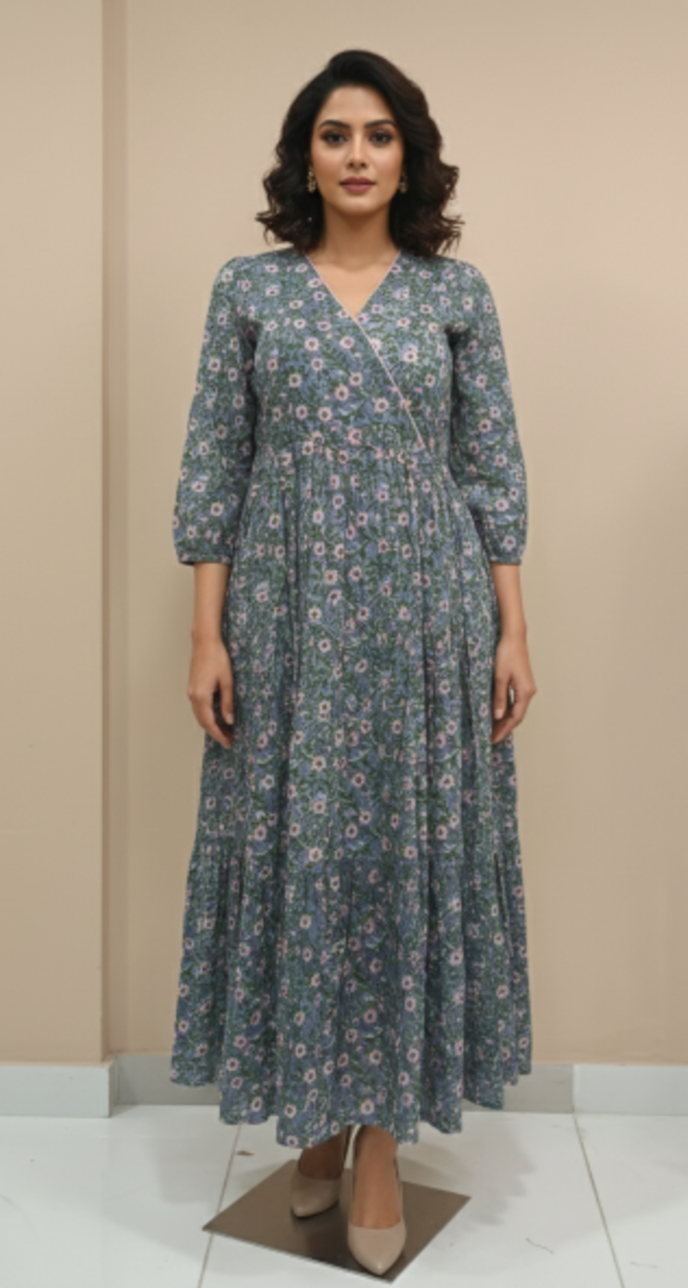 Grey Floral Hand block Printed Cotton Maxi Dress
