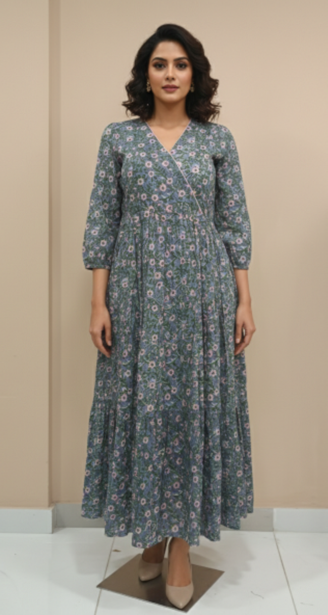 Grey Floral Hand block Printed Cotton Maxi Dress
