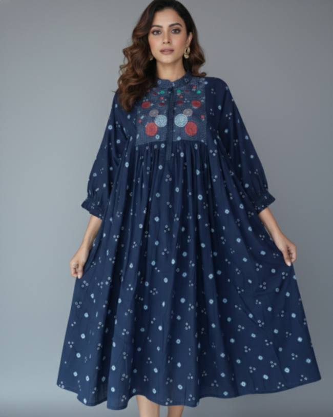 Navy Blue Hand Embroidered Pure Cotton Bandhej Kurta with Kantha Embroidery