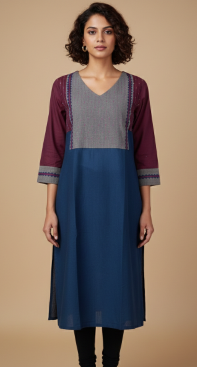Navy Blue Hand Embroidered Printed Cotton Kurta with Kantha Embroidery