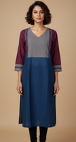 Navy Blue Hand Embroidered Printed Cotton Kurta with Kantha Embroidery
