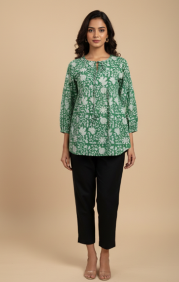 Green Floral Hand block Printed Cotton Rayon Top