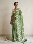 Small Daisy Flower Border Hand Painted Mul Cotton Saree - Without Blouse
