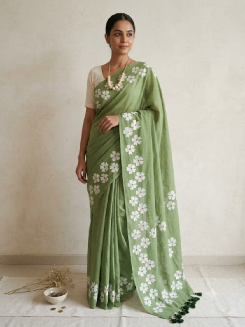 Small Daisy Flower Border Hand Painted Mul Cotton Saree - Without Blouse